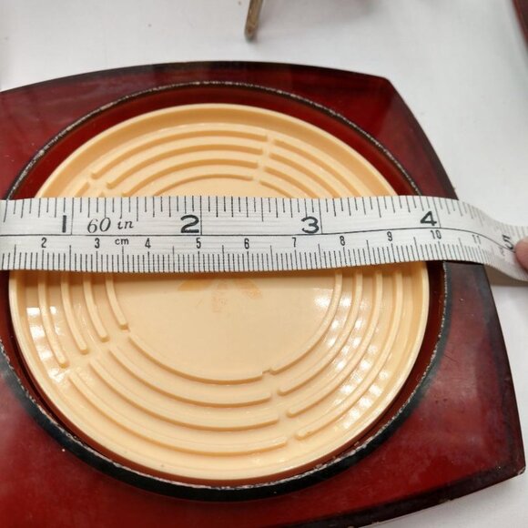 MCM Vintage Coasters set of 8 W/Metal Stand Plastic Amber with Cream Center - Picture 13 of 14